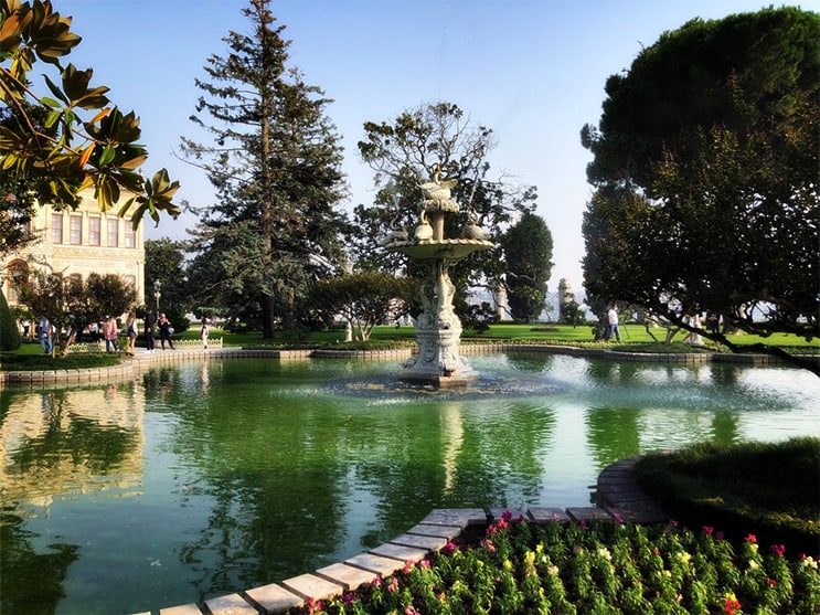 Dolmabahce gardens and fountain