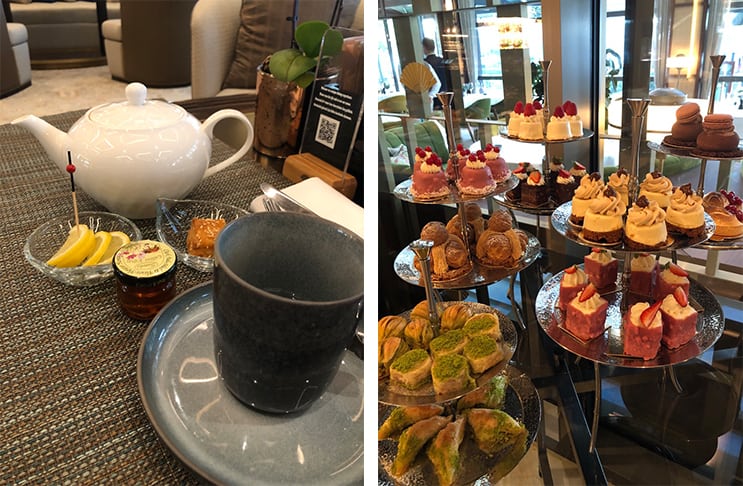 afternoon tea at the Mandarin Oriental Bosphorus, teapot with tea cup with variety of sweets, afternoon tea in Istanbul